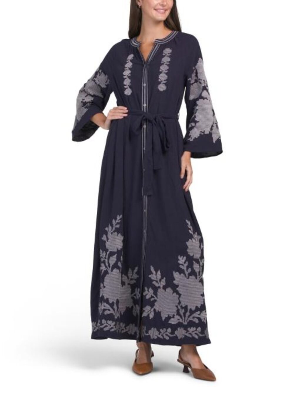 SOLITAIRE Linen Blend Bell Sleeve Embroidered Maxi Dress